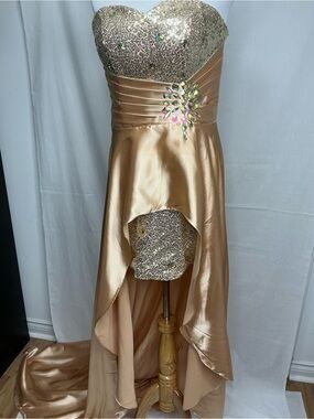 2054 - ViVi Gold Strapless High-Low Sequin Evening Gown